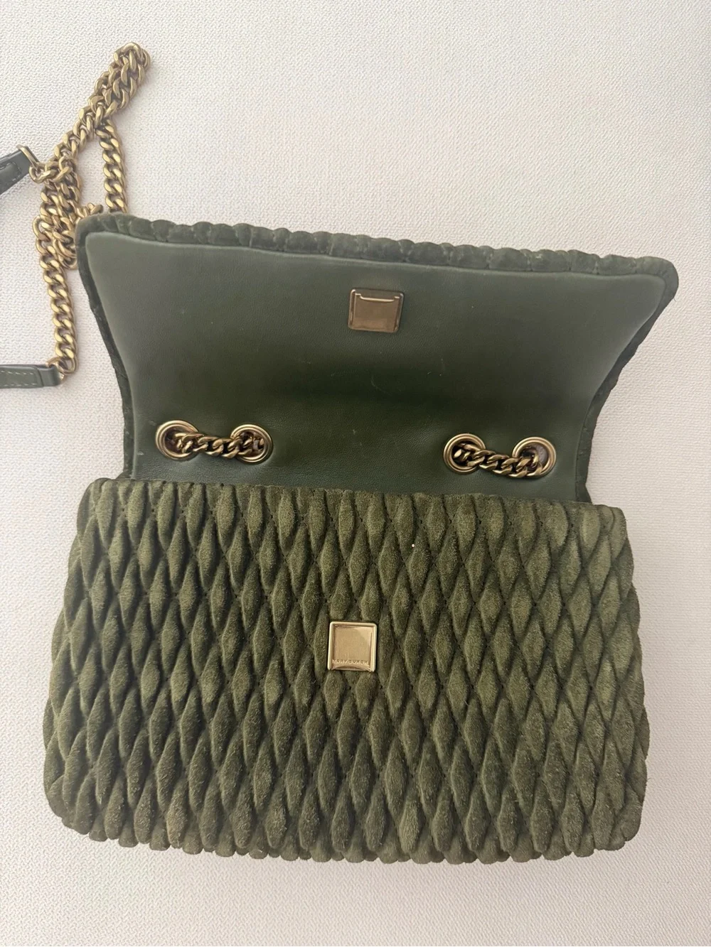 Tory Burch Quilted Olive Velvet Shoulder Bag with Gold Logo